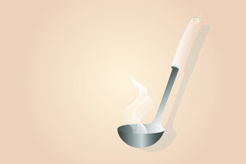 Ladle with hot food. Steam from cooked food. Empty space for text