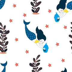 Cute cartoon style vector mermaid seamless pattern. Simple shapes and easy tu use. Good for kids fashion, fabric and textile design, bedding, wallpaper, wrapping paper, backdrop, baby shower.