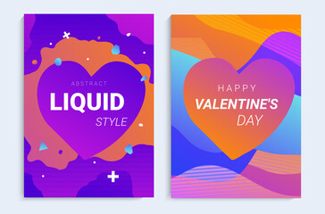 Vector Happy valentine's day template. Liquid heart banners with splash and waves. Dynamic flowing liquid forms. Romantic design