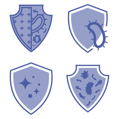 Fototapeta premium Immune guard. Healthy bacteria, virus protection. Stop virus. Antibacterial protection or immune system icon. Hygienic medical blue shield protecting from germs. Antiviral concept. Vector