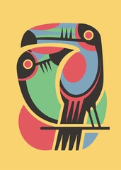 T shirt design abstract contemporary style print template with tropical summer birds. Colorful toucans apparel layout. Vector image tee decor idea.  © lukeruk