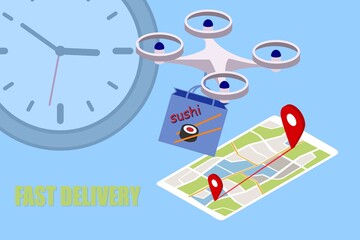 Fototapeta na wymiar Fast drone delivery sushi in a package, food delivery concept illustration, drone control, delivery anywhere in the city. Vector EPS10