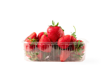 Strawberry In Plastic Container Isolated On White Background. Strawberries In Clear Punnet Closeup Front View.