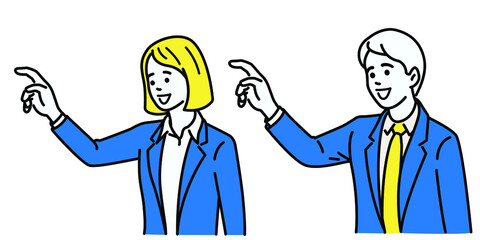 Businessman and businesswoman raising tiger to touch blank space in concept of touching visual screen. Outline, thin line art, hand drawn sketch design, simple style.