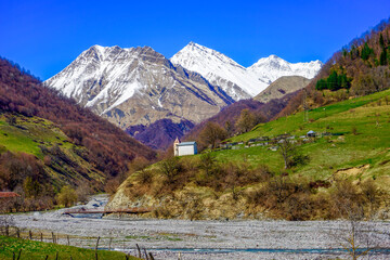 Georgia, overwhelming landscape in the Caucasus Mountain of Georgia. Following the old silk road to...