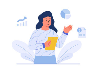finance character women hold paper background of pie chart bar chart invoice with cartoon flat style
