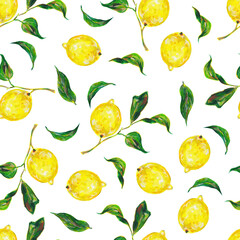 Great illustration of beautiful yellow lemon fruits isolated on white background. Seamless pattern for fabric design. Handwork acrylic drawn.