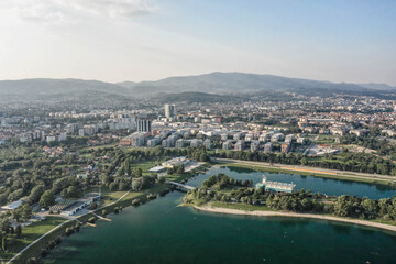 Aerial drone shot of Jarun lake in southeast Zagreb in Croatia summer