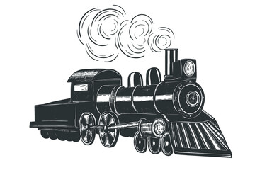 Handrawn vintage train isolated on white. Vector illustration.