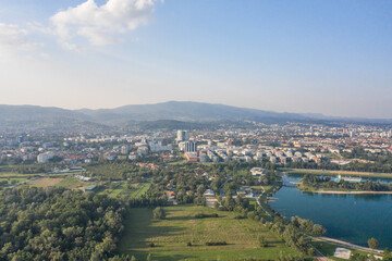 Aerial drone shot of Jarun lake in southeast Zagreb in Croatia summer