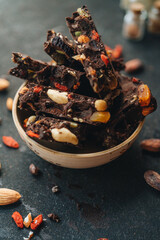Dark chocolate with dried berries, fruit and nuts.