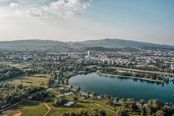 Fototapeta premium Aerial drone shot of Jarun lake in southeast Zagreb in Croatia summer