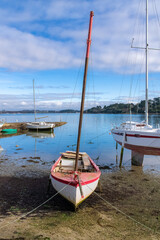 Brittany, the Ile aux Moines, with a sailing boat in the harbor in winter
