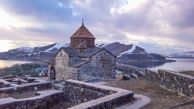 The ancient Sevanavank Monastery at sunset. Lake Sevan, Armenia
