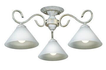 Bronze ceiling lamp with three frosted glass shades, painted white. Isolated on white background