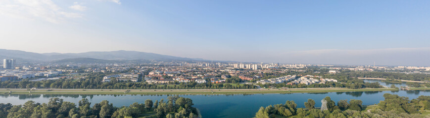 Fototapeta na wymiar Aerial panoramic drone shot of lake Jarun in southeast Zagreb in Croatia