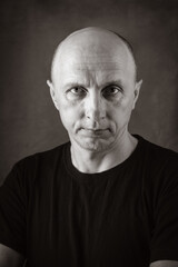 Fototapeta premium A serious middle-aged man with an unshaven face and a bald head, looking directly into the camera. Black and white portrait toned in sepia. Photo taken in studio