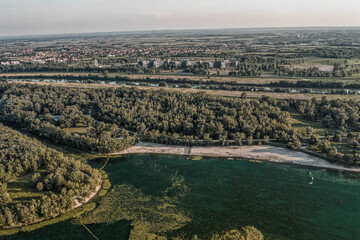 Aerial drone shot of FKK beach at Lake Jarun in southeast Zagreb in Croatia