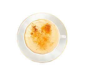 Cappuccino with cinnamon in white cup and saucer, isolate.