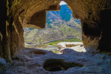 Georgia, the troglodyte cave city of Vardzia. View from inside out