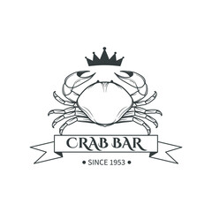 Vintage seafood logo with crab isolated on white. Vector illustration.