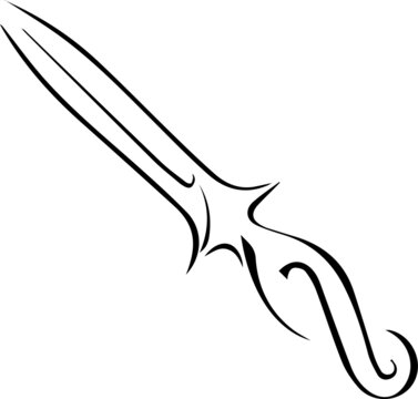 Knife dagger blade with a handle. Hand drawn black outline doodle sketch engraving. Logo tattoo icon. Stock vector illustration isolated on white background.