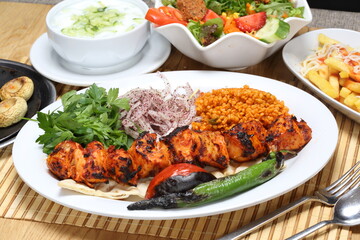 grilled chicken shish kebab with bulgur pilaf