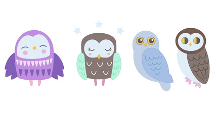 Owls vector cartoon cute bird set owlet character kids animal baby art for children owlish collection isolated on background