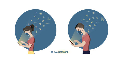 Obraz premium A girl and a guy watch the news about the pandemic on social networks, wearing protective masks. Layout, banner, website.