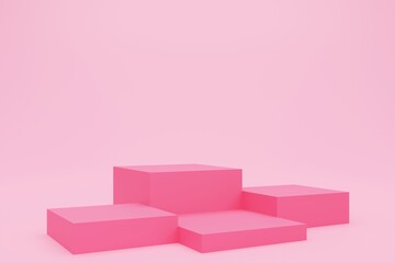 3D rendering of pink cube podium or pedestal with empty studio room, product background, template mockup for valentine's day display, love concept, geometric of square shape