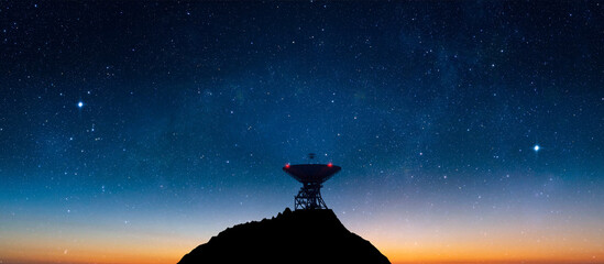 Landscape with signal receiving radio telescope in starry night sky - 3d Illustration - obrazy, fototapety, plakaty