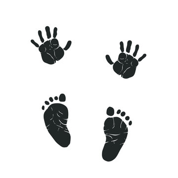 Baby's hand prints and footprints isolated on white. Vector illustration.