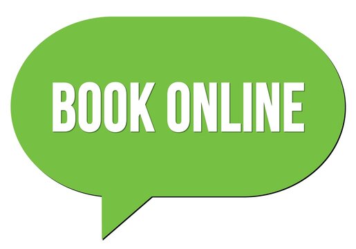 BOOK ONLINE text written in a green speech bubble