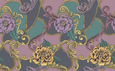 Chic print with flowers and gold chains and baroque elements. Vintage vector ornament. Luxurious seamless pattern.  - 411561881