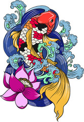 Obraz na płótnie Canvas Koi fish with water splash. Koi carp fish tattoo.hand drawn koi fish Dragon head.Japanese Dragon carp line drawing coloring book vector image. Shachihoko or Shachi vector.