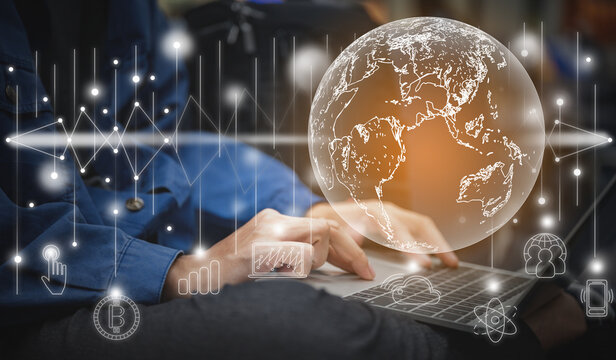 businessman worker are working online with laptop, graphic of communication network and cyber space connection, concept of online marketing, Elements of this image furnished by NASA