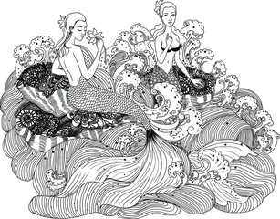 Hand drawn and Doodle art Thai style mermaid.Thai mermaid with ocean and wave traditional design.a beautiful line art and idea Line thai stlye.