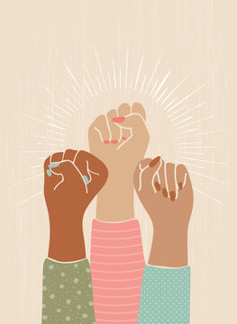 Vector illustration of female fists raised to the top. The concept of protest, women fighting for prova.