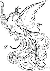 hoenix Fire bird illustration and character design.Hand drawn Phoenix tattoo Japanese and Chinese style,Legend of the Firebird is Russian fairy tales and it is creature from Slavic folklore.