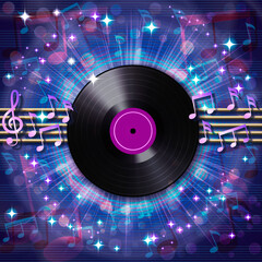 Abstract musical background with notes on the musical staff and retro vinyl record.