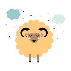 cute sheep with stars and clouds isolated