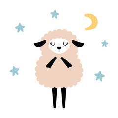 cute sheep with stars and moon isolated