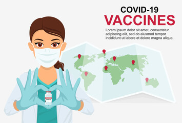 A woman doctor in a mask shows her heart with her hands and holds a vaccine against coronavirus. Suitable banner, flyer. Vaccination of people. Coronavirus Covid-19 concept.