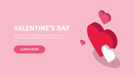 Banner design for Valentine's Day with isometric red, white and pink hearts on pink background. Learn more button for web. - Vector