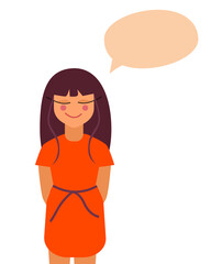 Pretty young girl thinking balloon concept. Lady in orange dress. Vector illustration.