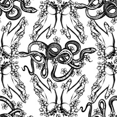 Vector illustration, snake on sakura branch, hands,Handmade, light background, seamless pattern