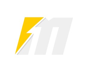 M letter logo, vector font with lightning flash power icon