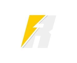 R letter logo, vector font with lightning flash power icon