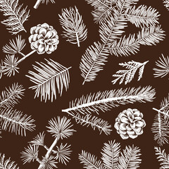 Seamless monochrome pattern with image of a Coniferous branches and pine cone on a dark background. Vector illustration.