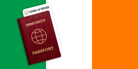 Immunity passport and coronavirus test with flag of Ireland